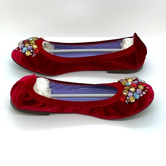 Red Suede Flats With Round Toes and Gemstone Accents. Size 8.5 - Picture 1 of 7